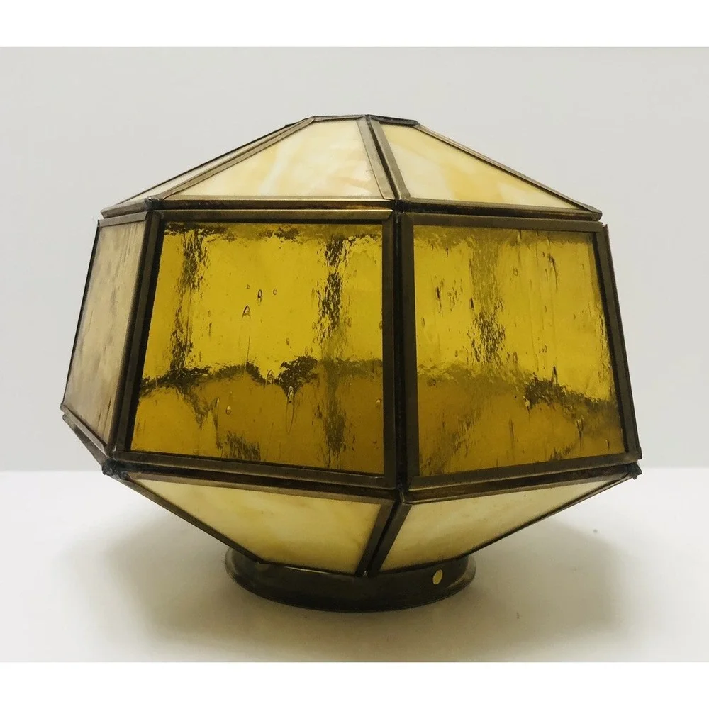Vintage Amber Caramel Stained Glass Panels Lamp‎ Shade Ceiling Hanging Octagon